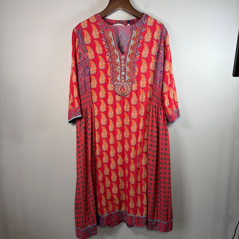 Soft Surroundings Phoenix Mixed Block Beaded Print Dress 1X Bohemian